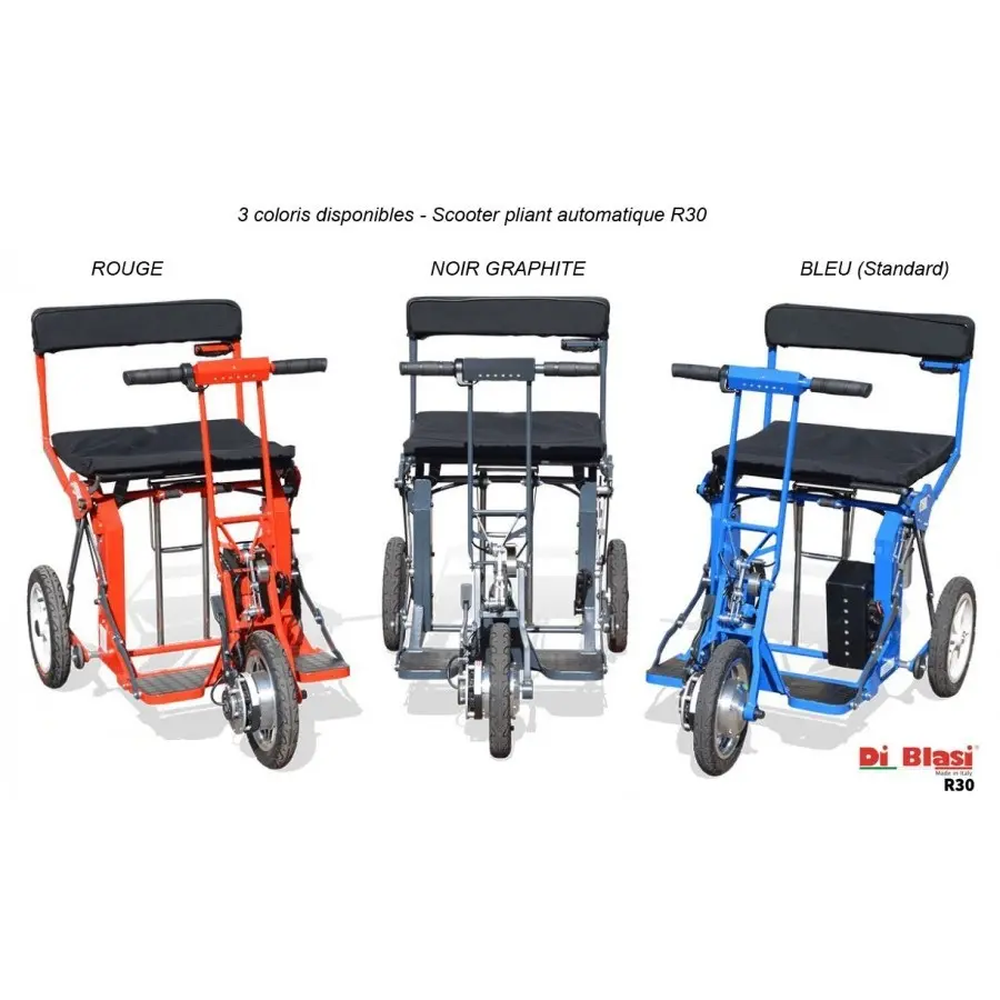 Scooter électrique pliant automatique Di Blasi R30 en trois coloris : rouge, gris et bleu