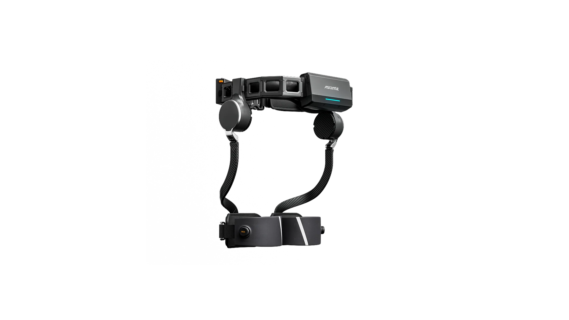 Randonneur équipé de l'exosquelette Ascentiz H Ultra, vu de trois quarts