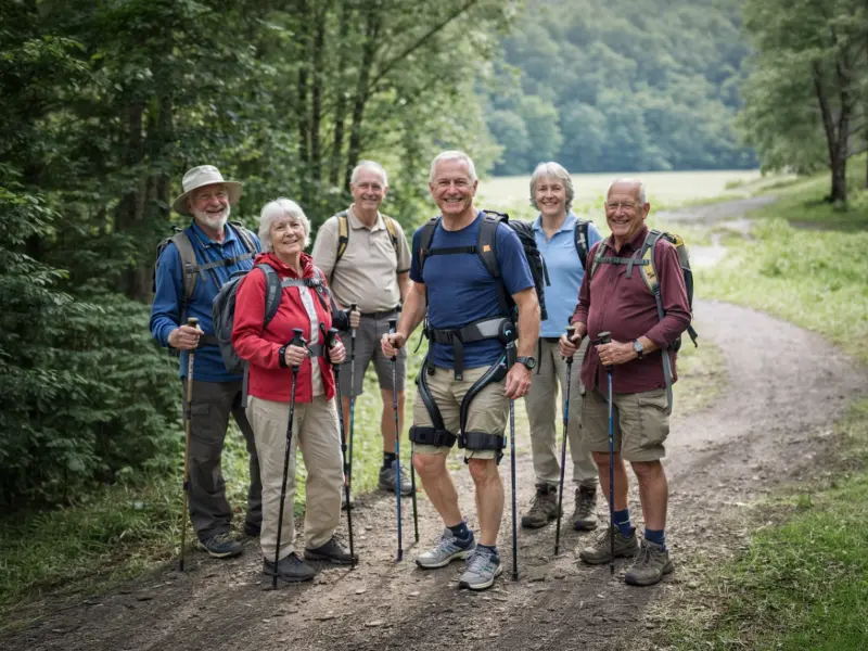 Groupe de seniors en marche avec l'exosquelette