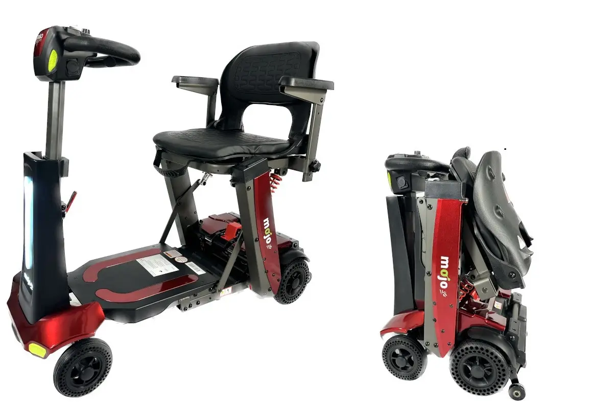 Scooter électrique pliant MOJO Lit rouge, ouvert et plié