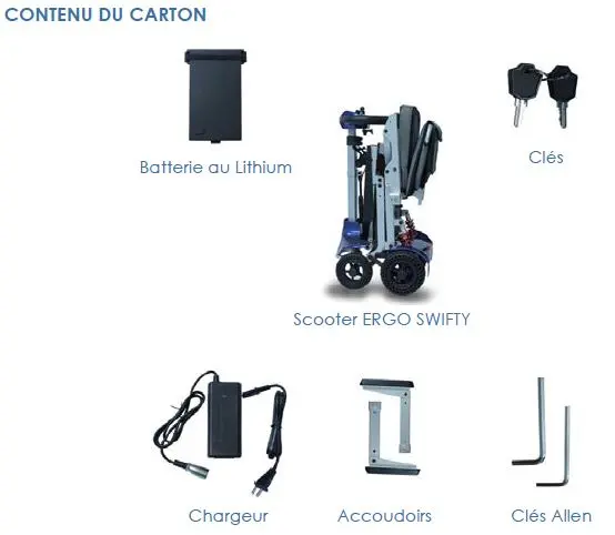 Contenu du carton ERGO SWIFTY : scooter, batterie, chargeur, clés, attestation