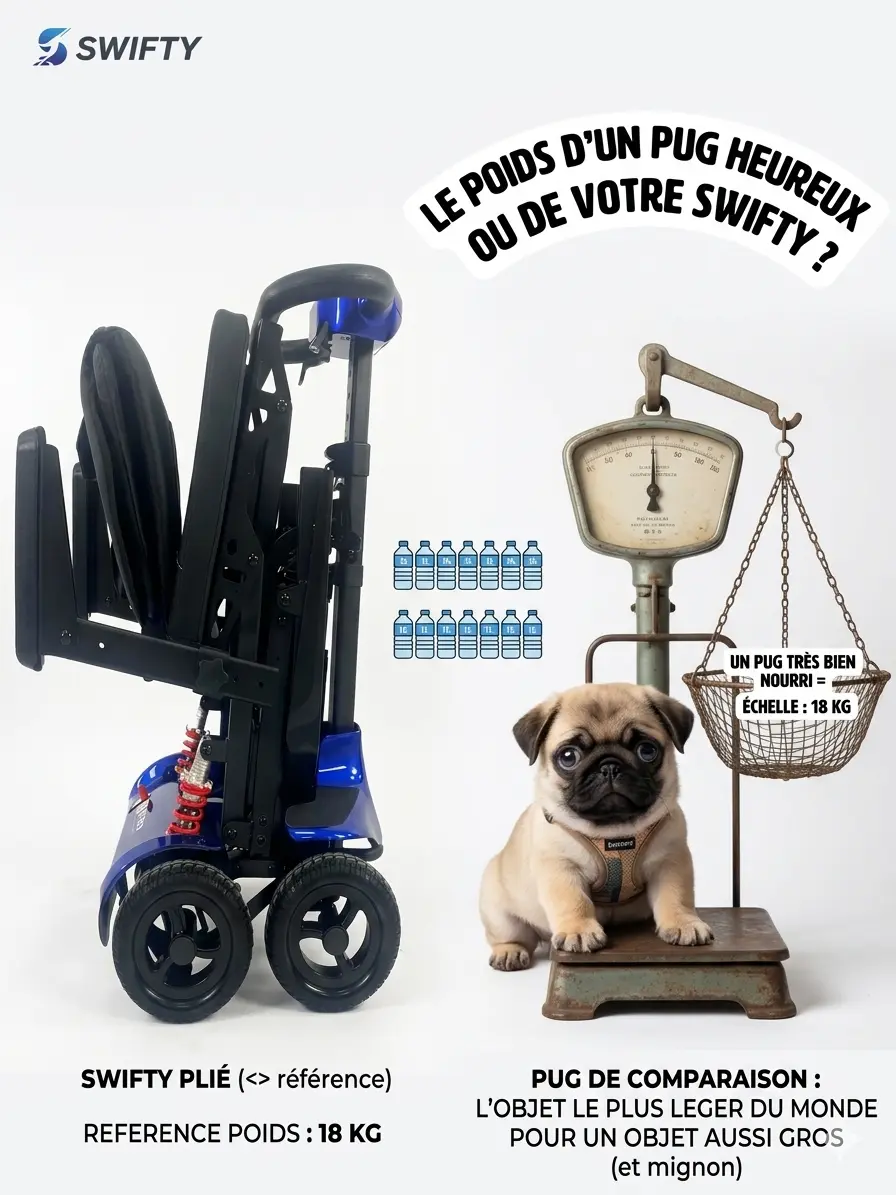 Scooter ERGO SWIFTY 18 kg sans batterie, 20 kg avec batterie - comparaison poids avec un pack d'eau